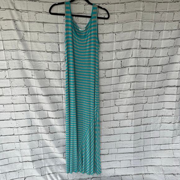Preowned Calvin Klein Stripe Maxi Dress Teal Gray Asymmetrical Detail Size 8 EUC - Picture 1 of 11